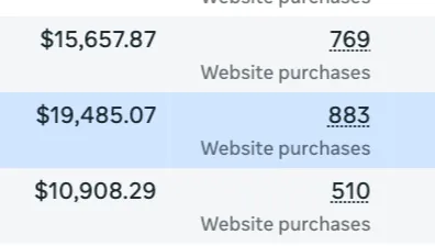 Meta Ads Manager — website purchases against spend