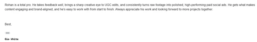 A message from Gio White calling Rohan a total pro who turns raw footage into polished, high-performing paid social ads