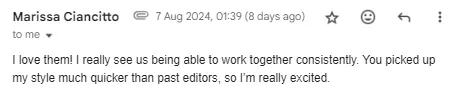 A message from Marissa Ciancitto saying Rohan picked up her style much quicker than past editors