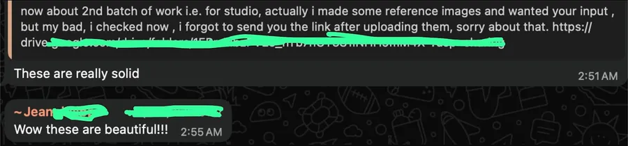 A chat message calling a second batch of work really solid and beautiful