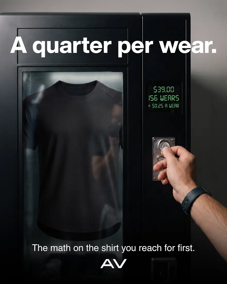 Averon ad — a black tee behind vending-machine glass with the cost-per-wear maths beneath it