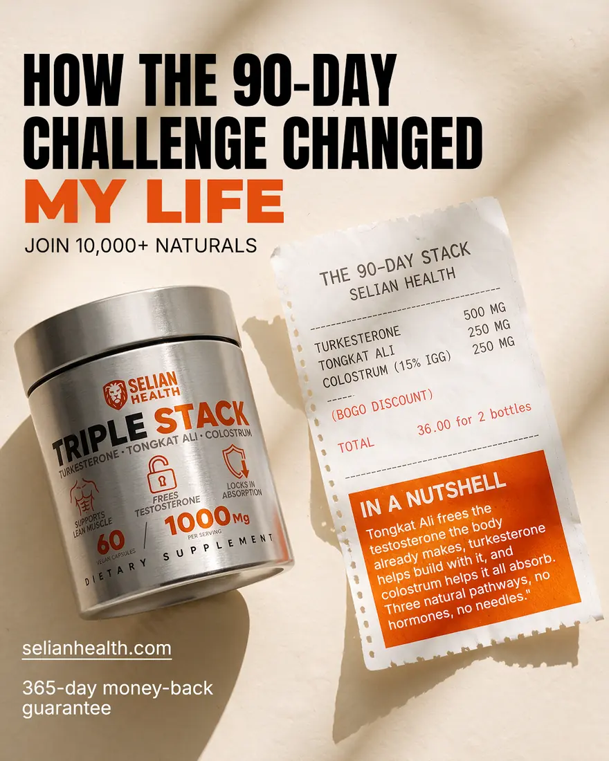 Selian Health ad — a supplement tub beside a printed 90-day stack summary on warm paper
