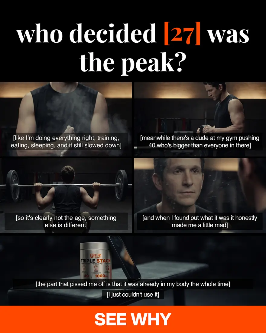Selian Health ad — a five-panel storyboard cut over gym footage under the headline “who decided 27 was the peak?”