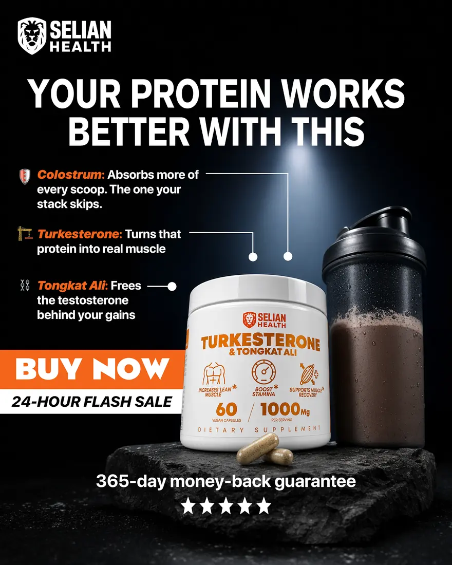 Selian Health ad — supplement tub and shaker annotated with ingredient callouts