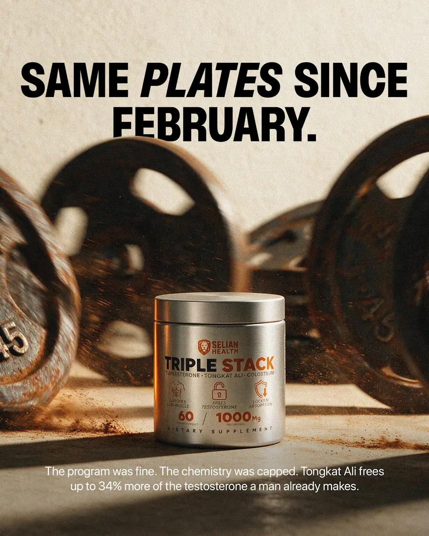 Selian Health ad — rusted gym plates in low light under the line “same plates since February”