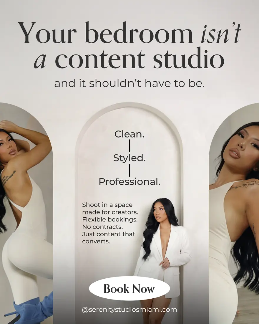 Serenity Studio ad — cream layout reading “Your bedroom isn’t a content studio”