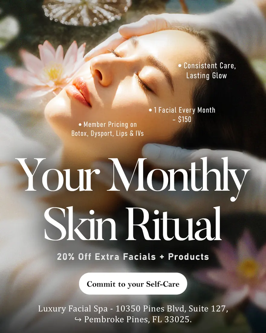 Serenity Studio ad — a facial treatment in close-up framed by flowers, headed “Your Monthly Skin Ritual”